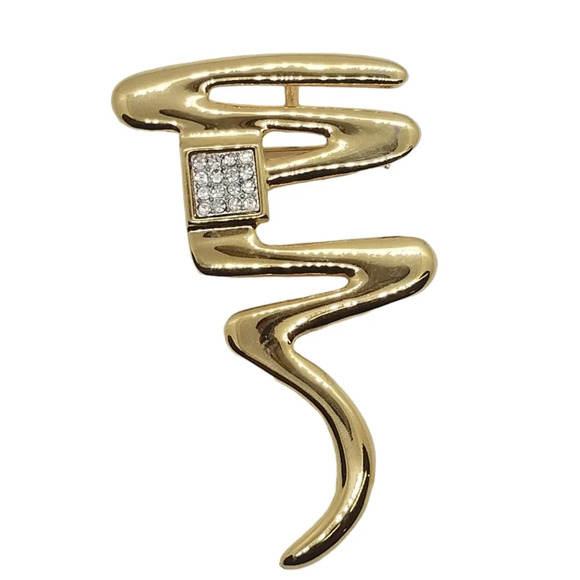 Vintage Jewelry - VINTAGE GOLDTONE ABSTRACT MODERNIST  DESIGN WITH CRYSTAL DETAIL BROOCH/PENDANT